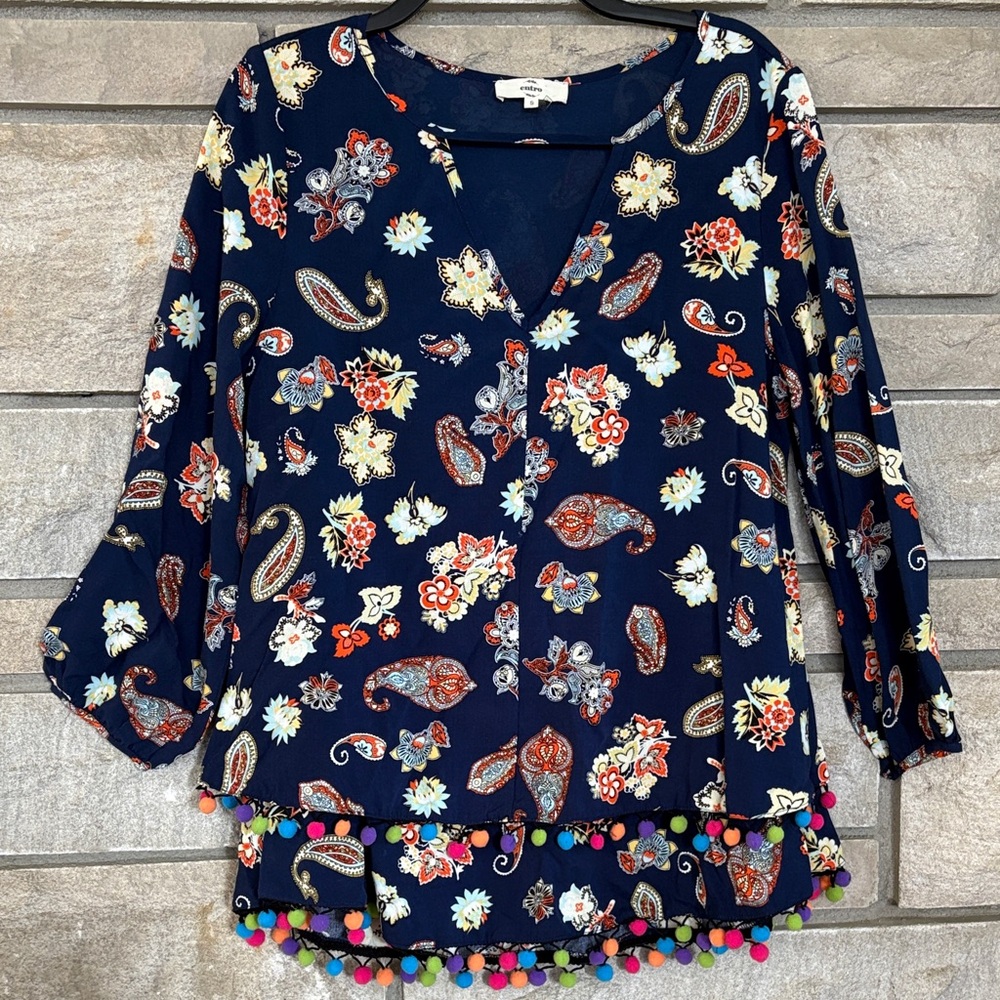 Navy Paisley & Floral Blouse with Multicolor Pom-Pom Trim